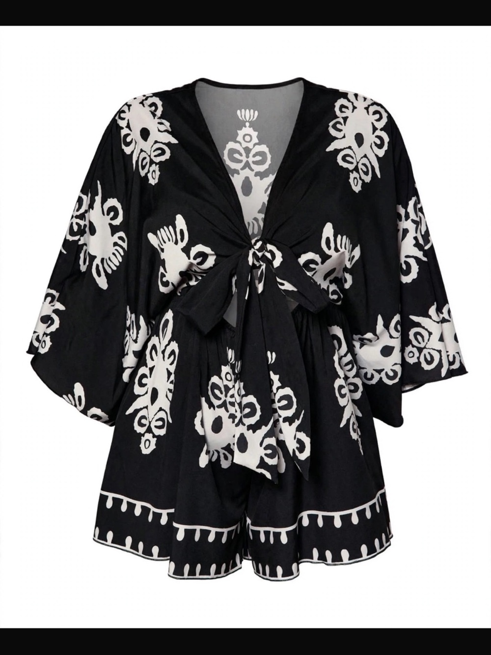 Combi Short Bohème XL / Boho Romper XL - SHEIN Noir Blanc Floral Nouée - Été